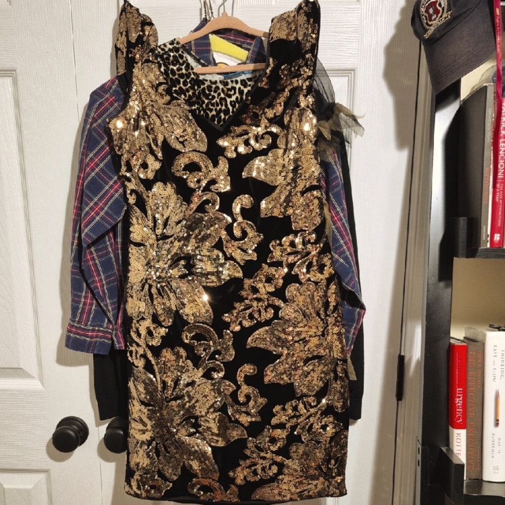 Guess Black and Gold Sheath Mini Dress V-neck